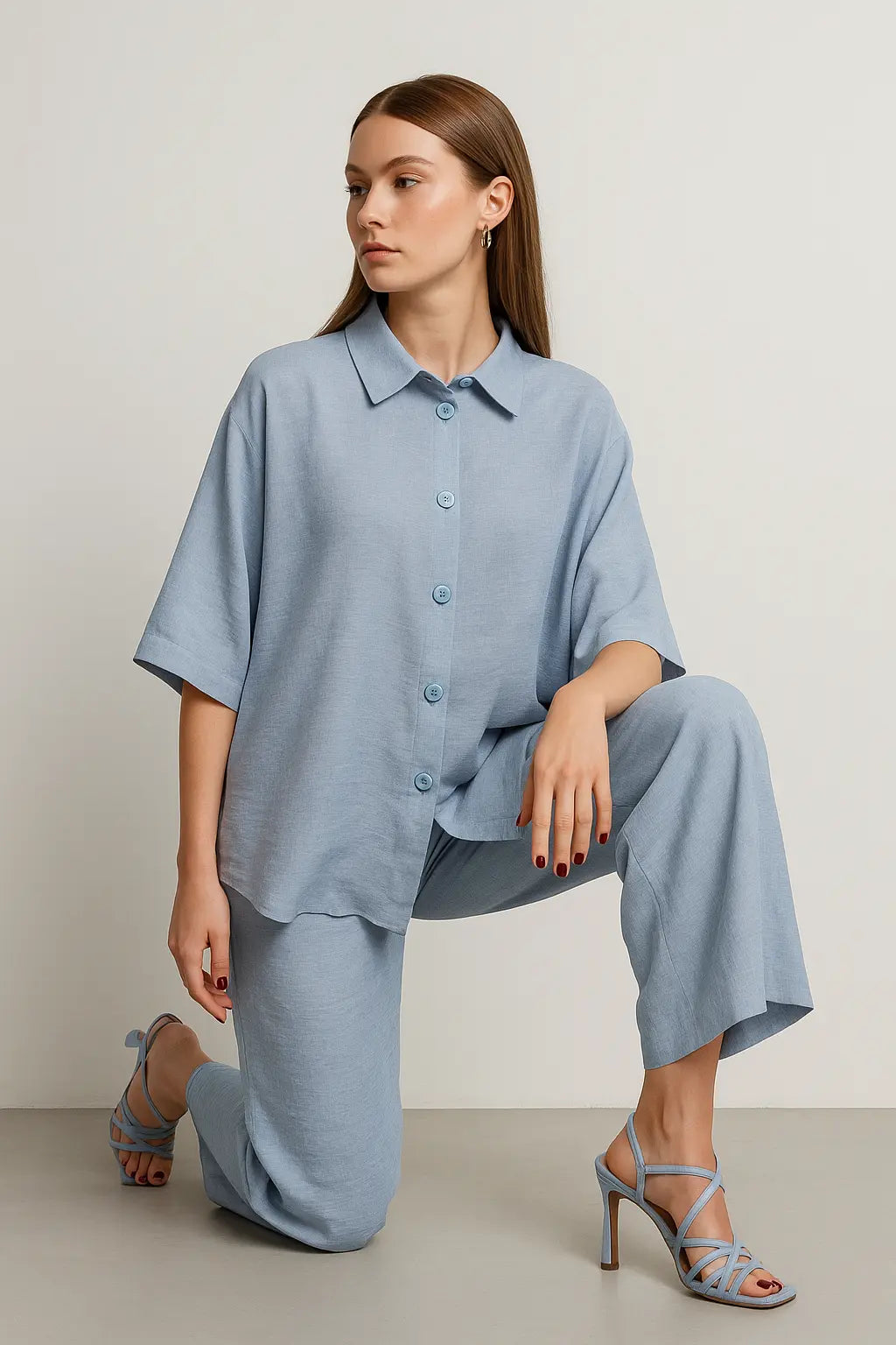 Completo con camicia bull collar, maniche mantella e pantalone comodo Unica by Dorabella