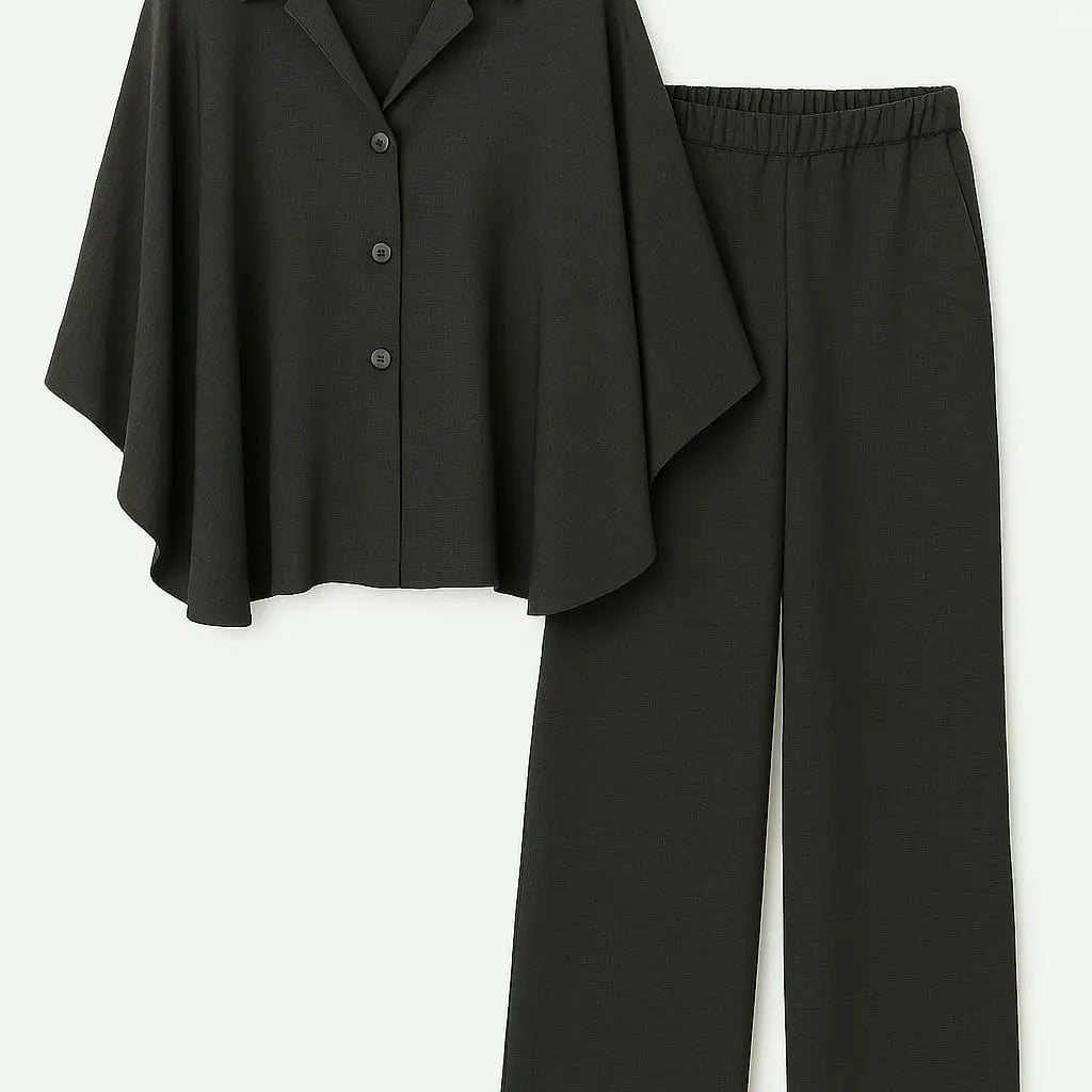 Completo con camicia bull collar, maniche mantella e pantalone comodo Unica by Dorabella Nero-Taglia-Unica-Fino-alla-46