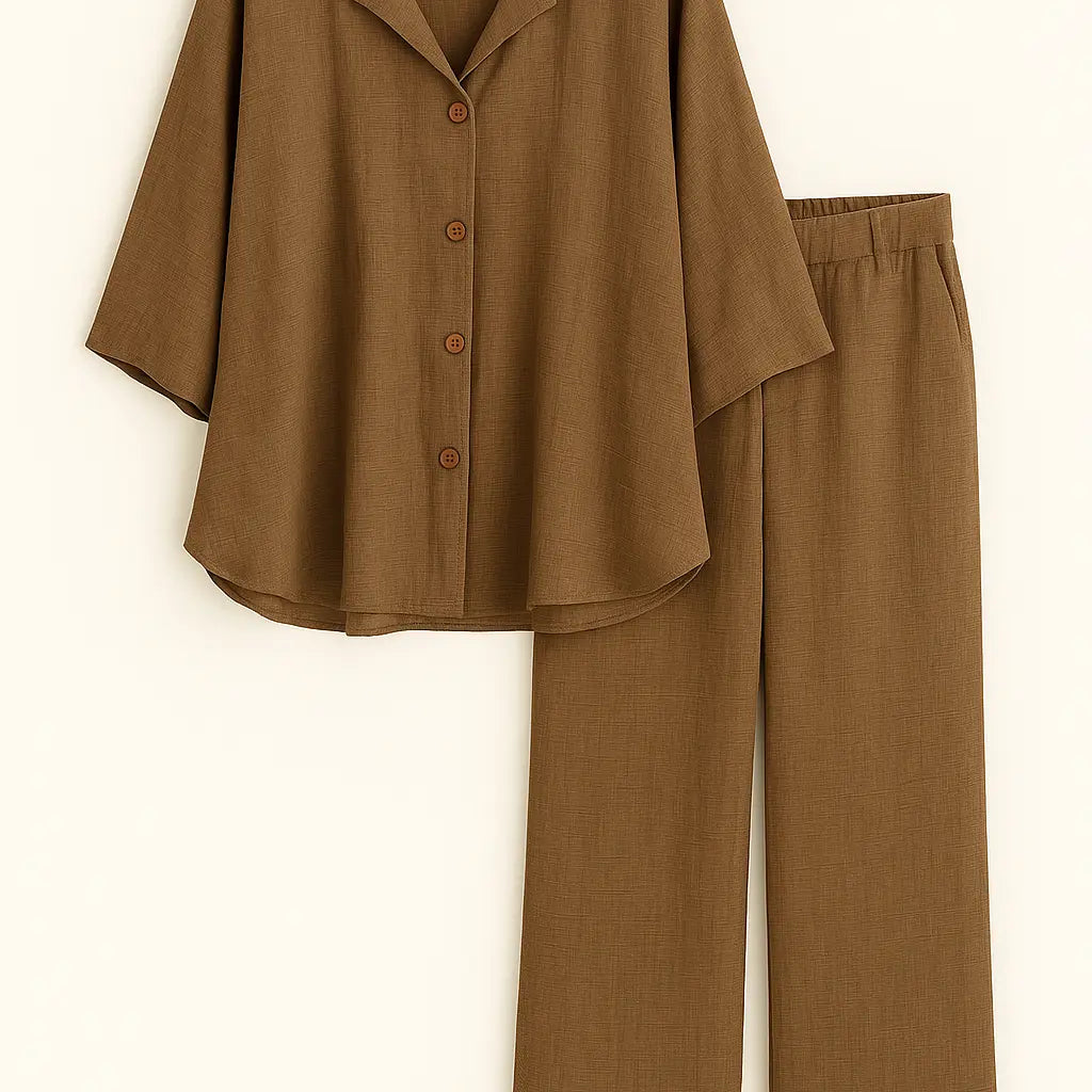 Completo con camicia bull collar, maniche mantella e pantalone comodo Unica by Dorabella Marrone-Taglia-Unica-Fino-alla-46