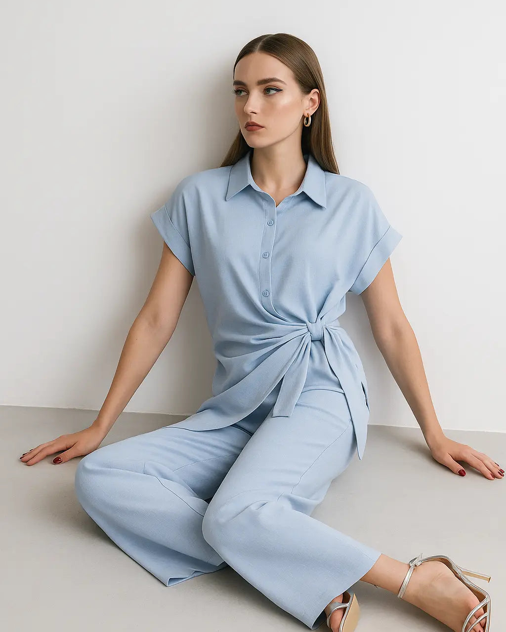 Completo con camicia con nodo sovrapposto e pantapalazzo con pinces Unica by Dorabella