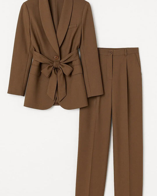 Completo con giacca collo sciallato e fusciacca e pantalone wide leg con bottone Unica by Dorabella Marrone-Taglia-Unica-Fino-alla-46