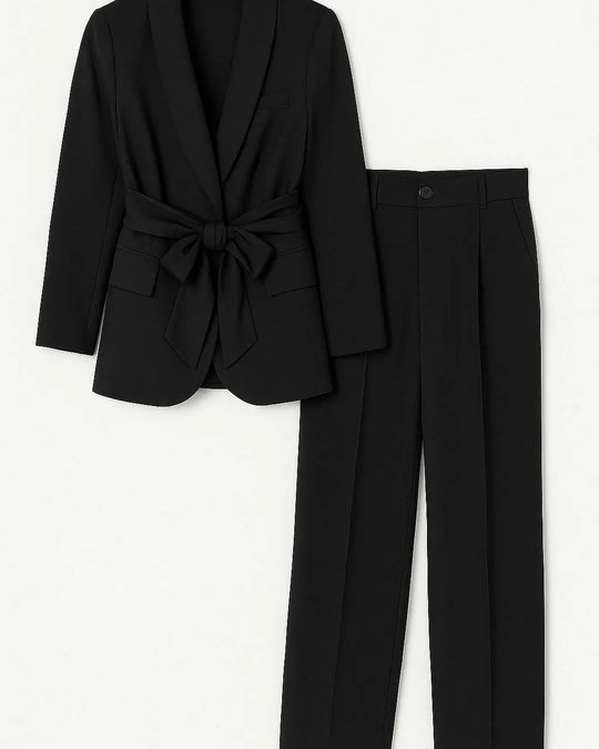 Completo con giacca collo sciallato e fusciacca e pantalone wide leg con bottone Unica by Dorabella Nero-Taglia-Unica-Fino-alla-46