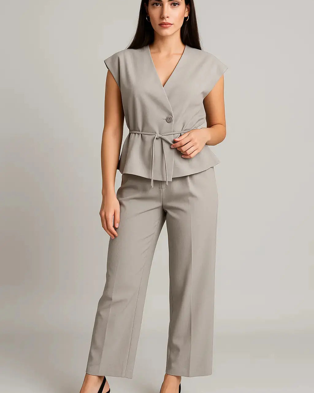 Completo gessato con gilet corto con  fusciacca e pantaloni wide leg Unica by Dorabella