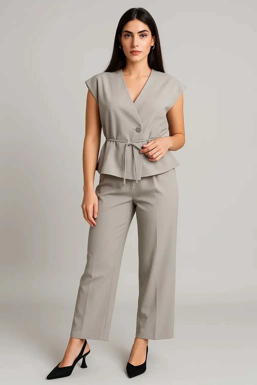 Completo gessato con gilet corto con  fusciacca e pantaloni wide leg Unica by Dorabella