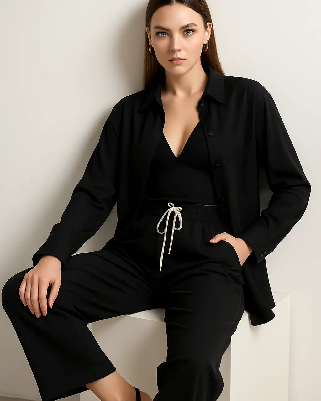 Completo con overshirt , top cropped e jogger palazzo con lacci Unica by Dorabella