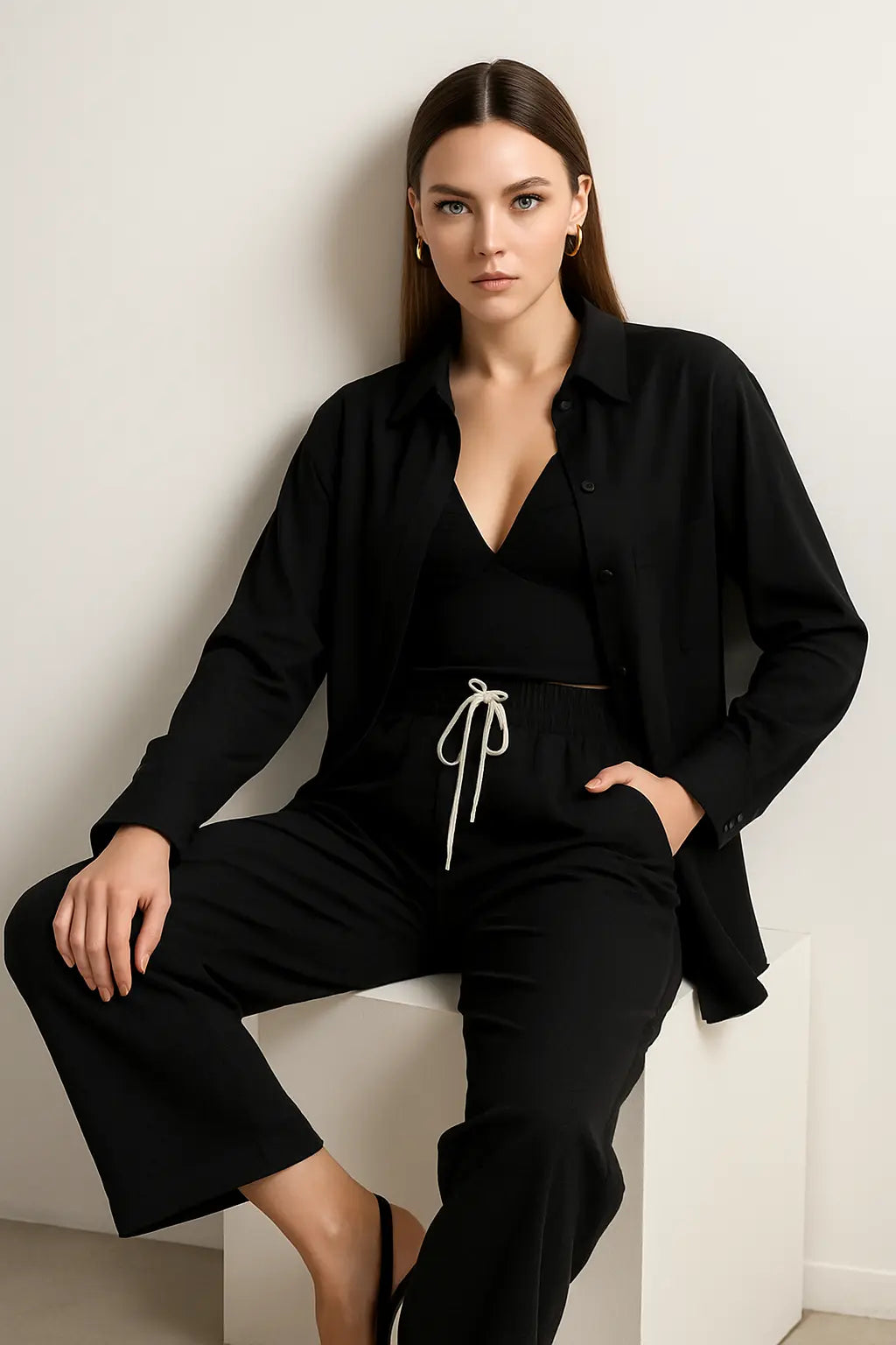 Completo con overshirt , top cropped e jogger palazzo con lacci Unica by Dorabella