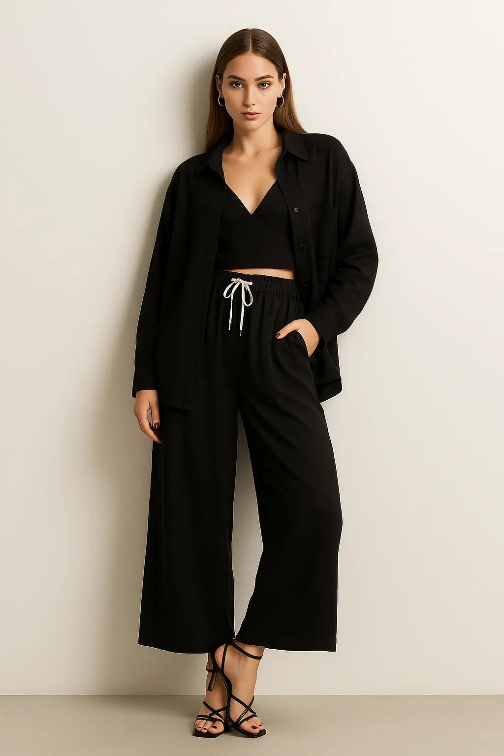 Completo con overshirt , top cropped e jogger palazzo con lacci Unica by Dorabella