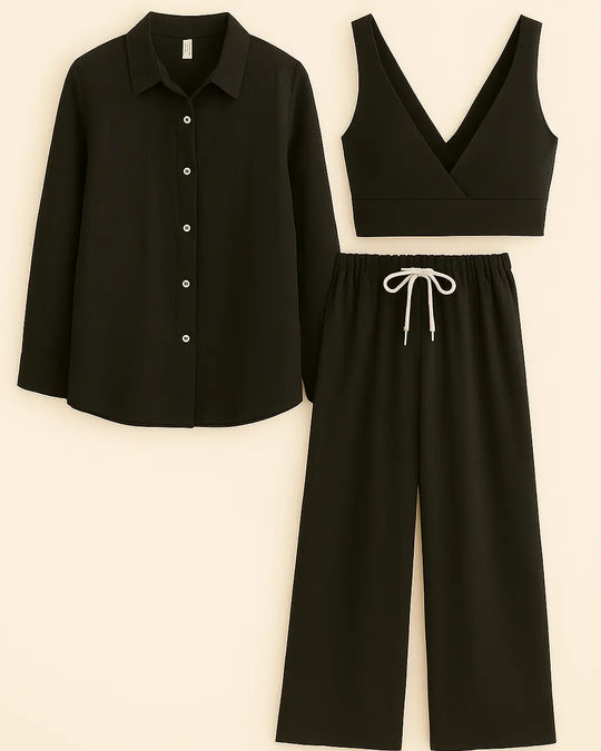 Completo con overshirt , top cropped e jogger palazzo con lacci Unica by Dorabella Nero-Taglia-Unica-Curvy-fino-alla-54
