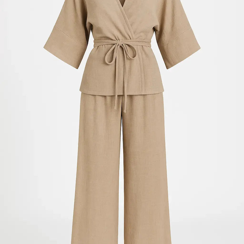 Completo con spolvero kimono con laccetto in vita e pantaloni jogger a palazzo Unica by Dorabella