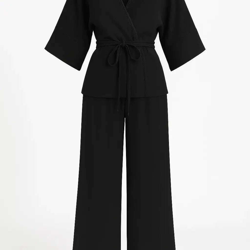 Completo con spolvero kimono con laccetto in vita e pantaloni jogger a palazzo Unica by Dorabella