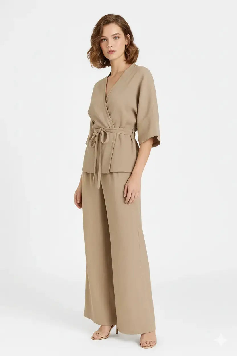 Completo con spolvero kimono con laccetto in vita e pantaloni jogger a palazzo Unica by Dorabella