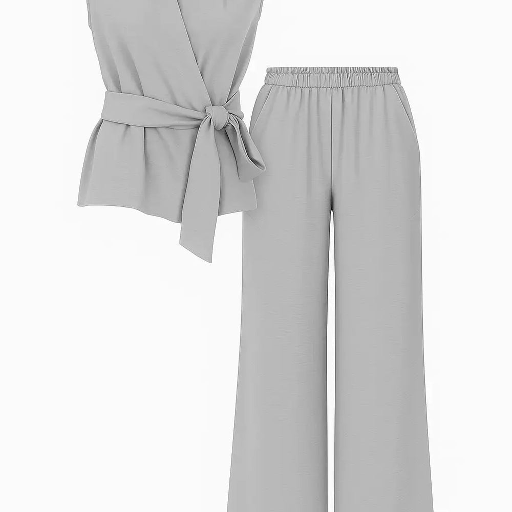 Completo con top scollo a v incrociato con lacci laterali e jogger a palazzo Unica by Dorabella grigio-chiaro-Taglia-Unica-Fino-alla-46