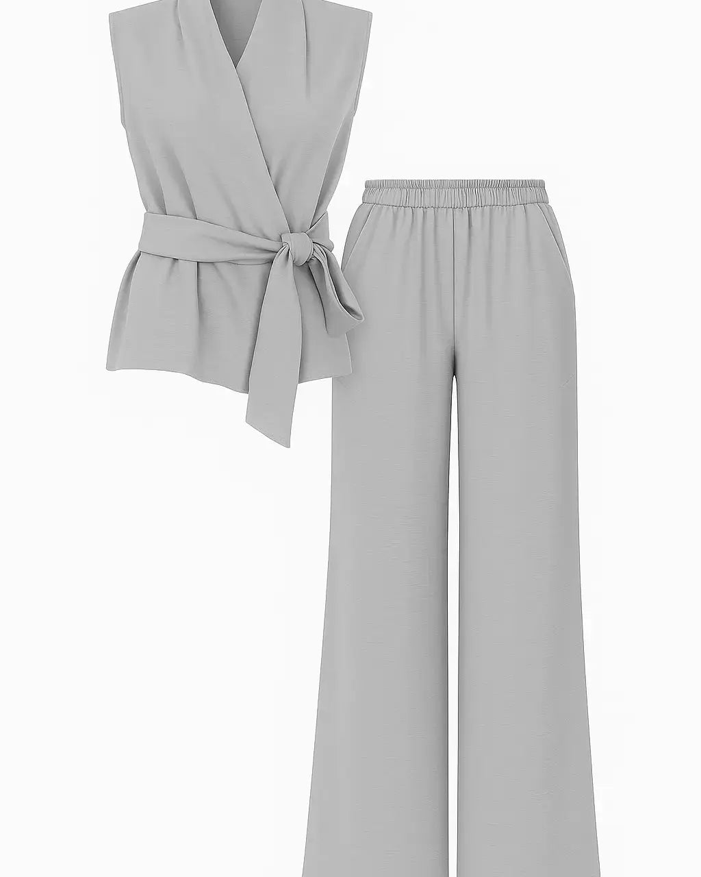 Completo con top scollo a v incrociato con lacci laterali e jogger a palazzo Unica by Dorabella grigio-chiaro-Taglia-Unica-Fino-alla-46