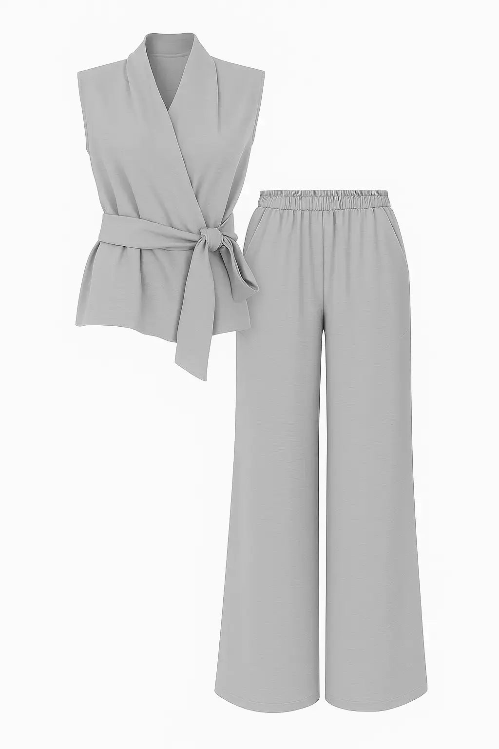 Completo con top scollo a v incrociato con lacci laterali e jogger a palazzo Unica by Dorabella grigio-chiaro-Taglia-Unica-Fino-alla-46