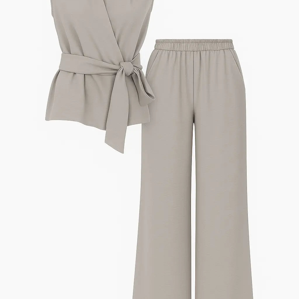 Completo con top scollo a v incrociato con lacci laterali e jogger a palazzo Unica by Dorabella Tortora-Taglia-Unica-Fino-alla-46