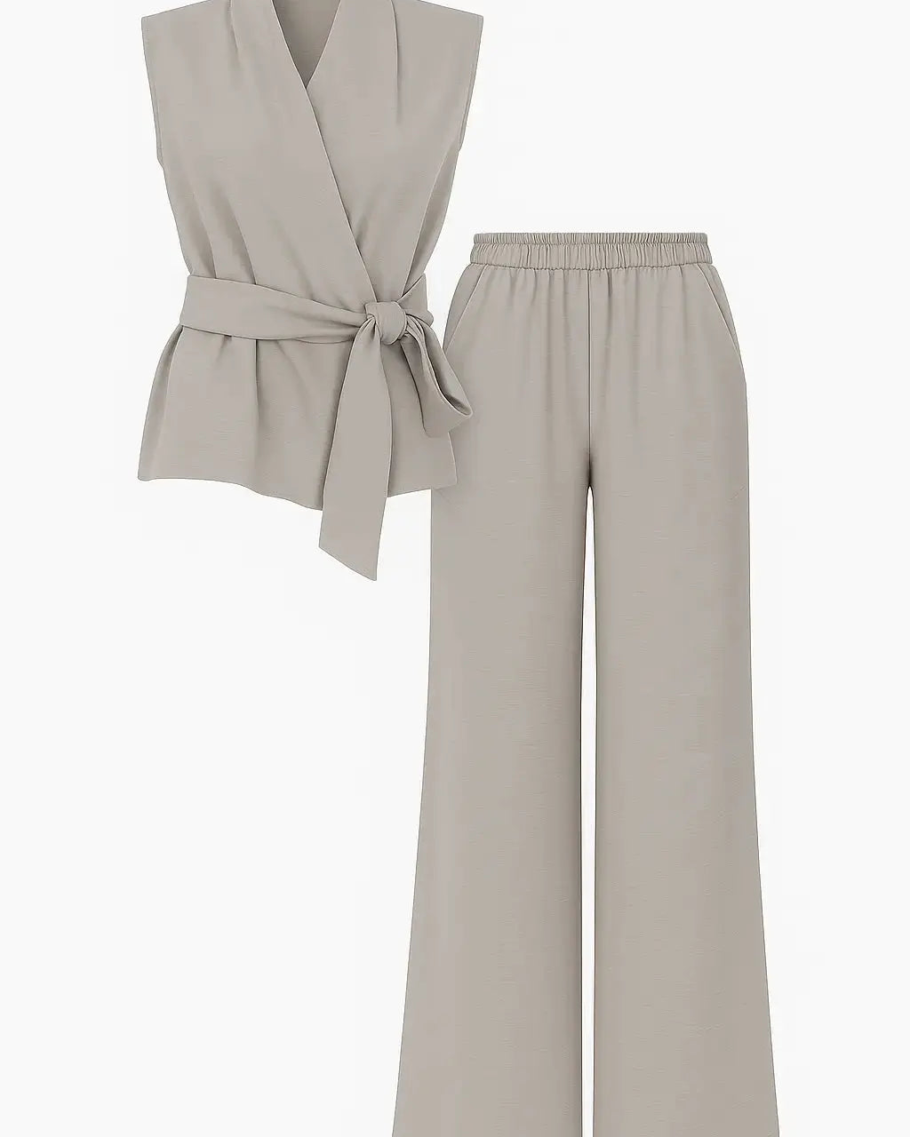 Completo con top scollo a v incrociato con lacci laterali e jogger a palazzo Unica by Dorabella Tortora-Taglia-Unica-Fino-alla-46