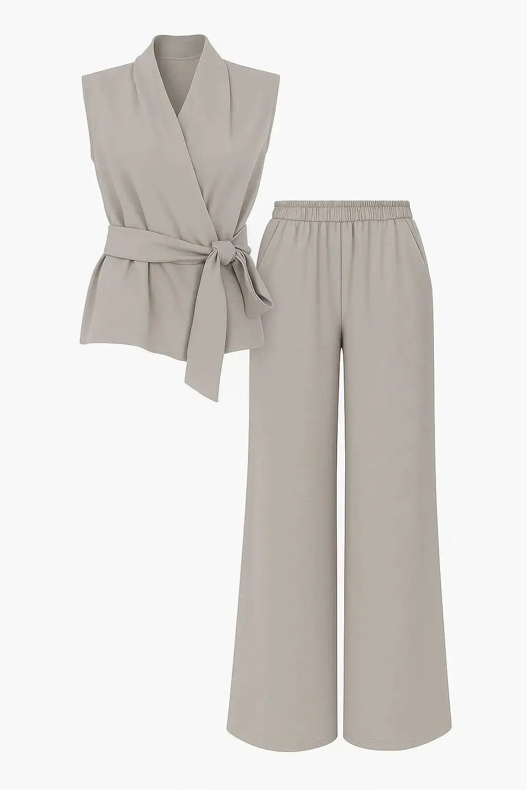 Completo con top scollo a v incrociato con lacci laterali e jogger a palazzo Unica by Dorabella Tortora-Taglia-Unica-Fino-alla-46