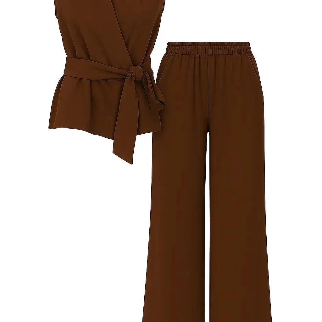 Completo con top scollo a v incrociato con lacci laterali e jogger a palazzo Unica by Dorabella Marrone-Taglia-Unica-Fino-alla-46