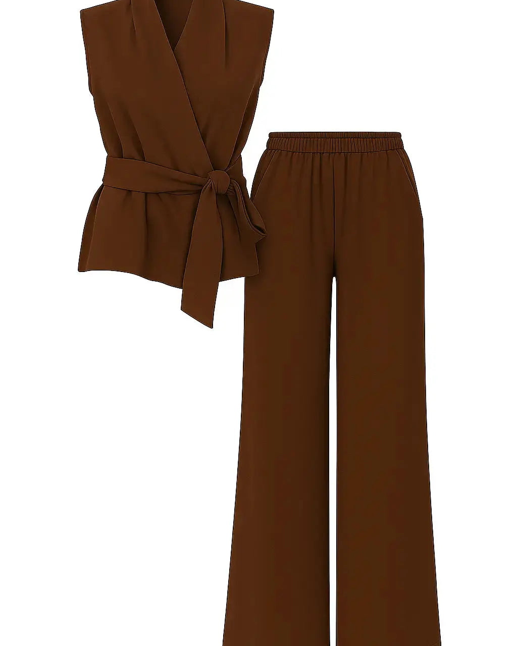 Completo con top scollo a v incrociato con lacci laterali e jogger a palazzo Unica by Dorabella Marrone-Taglia-Unica-Fino-alla-46