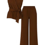 Completo con top scollo a v incrociato con lacci laterali e jogger a palazzo Unica by Dorabella Marrone-Taglia-Unica-Fino-alla-46