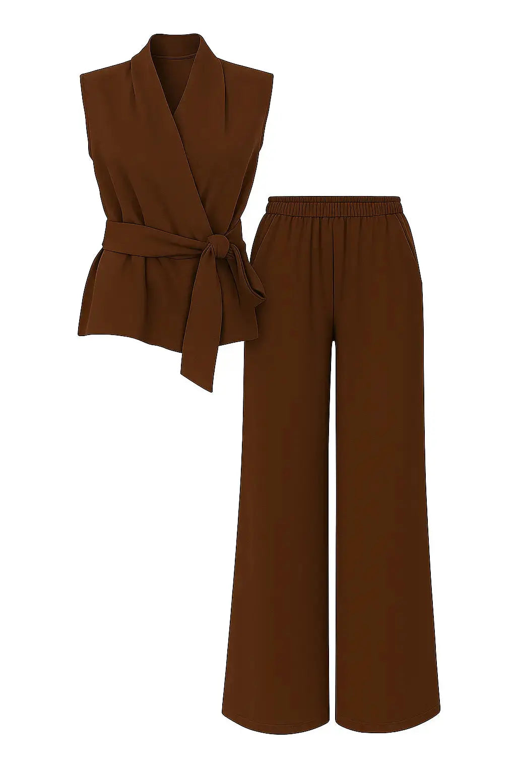 Completo con top scollo a v incrociato con lacci laterali e jogger a palazzo Unica by Dorabella Marrone-Taglia-Unica-Fino-alla-46