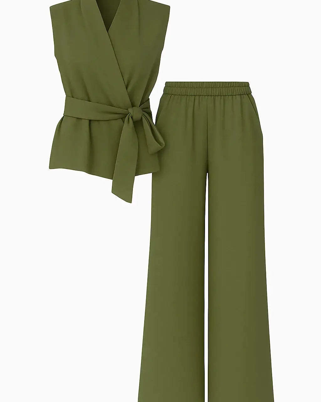 Completo con top scollo a v incrociato con lacci laterali e jogger a palazzo Unica by Dorabella Militare-Taglia-Unica-Fino-alla-46