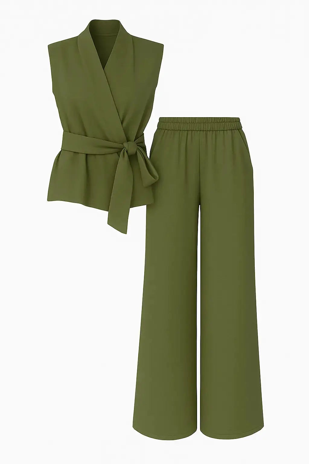 Completo con top scollo a v incrociato con lacci laterali e jogger a palazzo Unica by Dorabella Militare-Taglia-Unica-Fino-alla-46