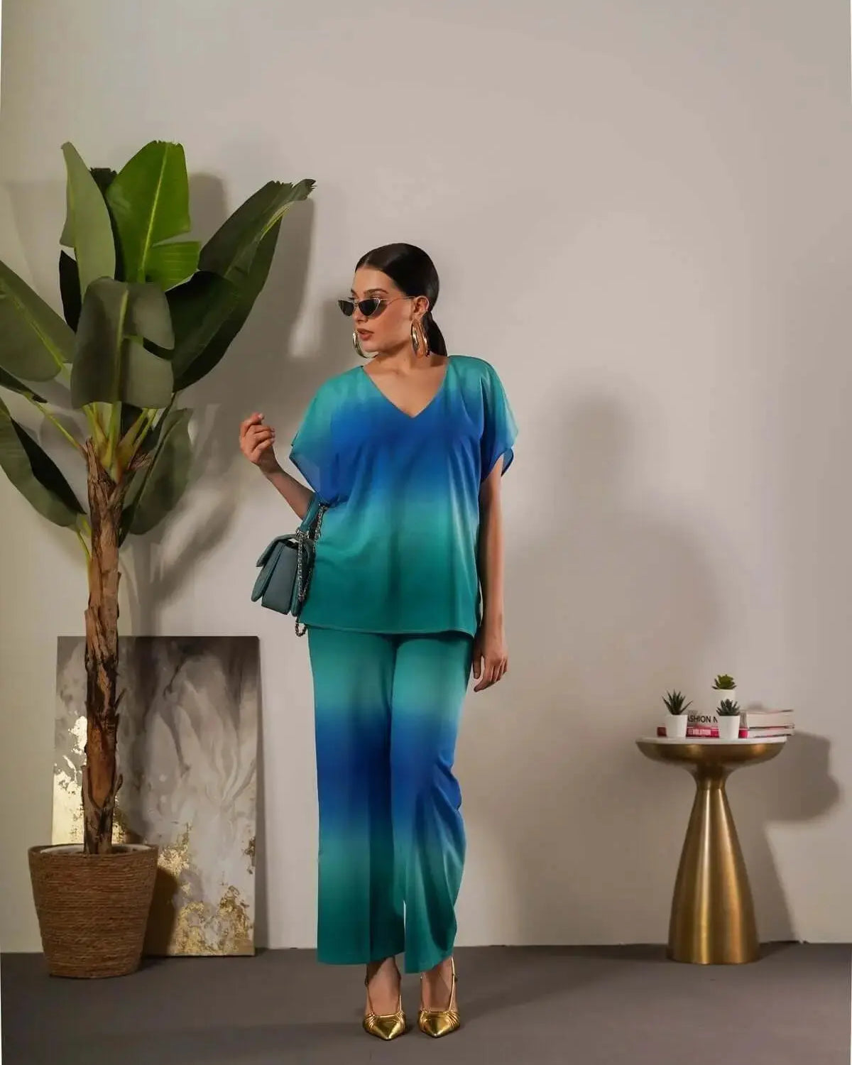 Completo effetto degradé con blusa e pantalone AZZURRO DORABELLA