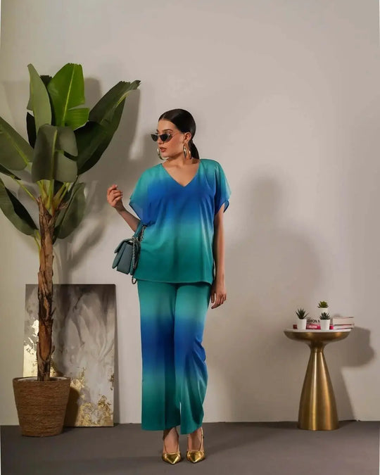 Completo effetto degradé con blusa e pantalone AZZURRO DORABELLA
