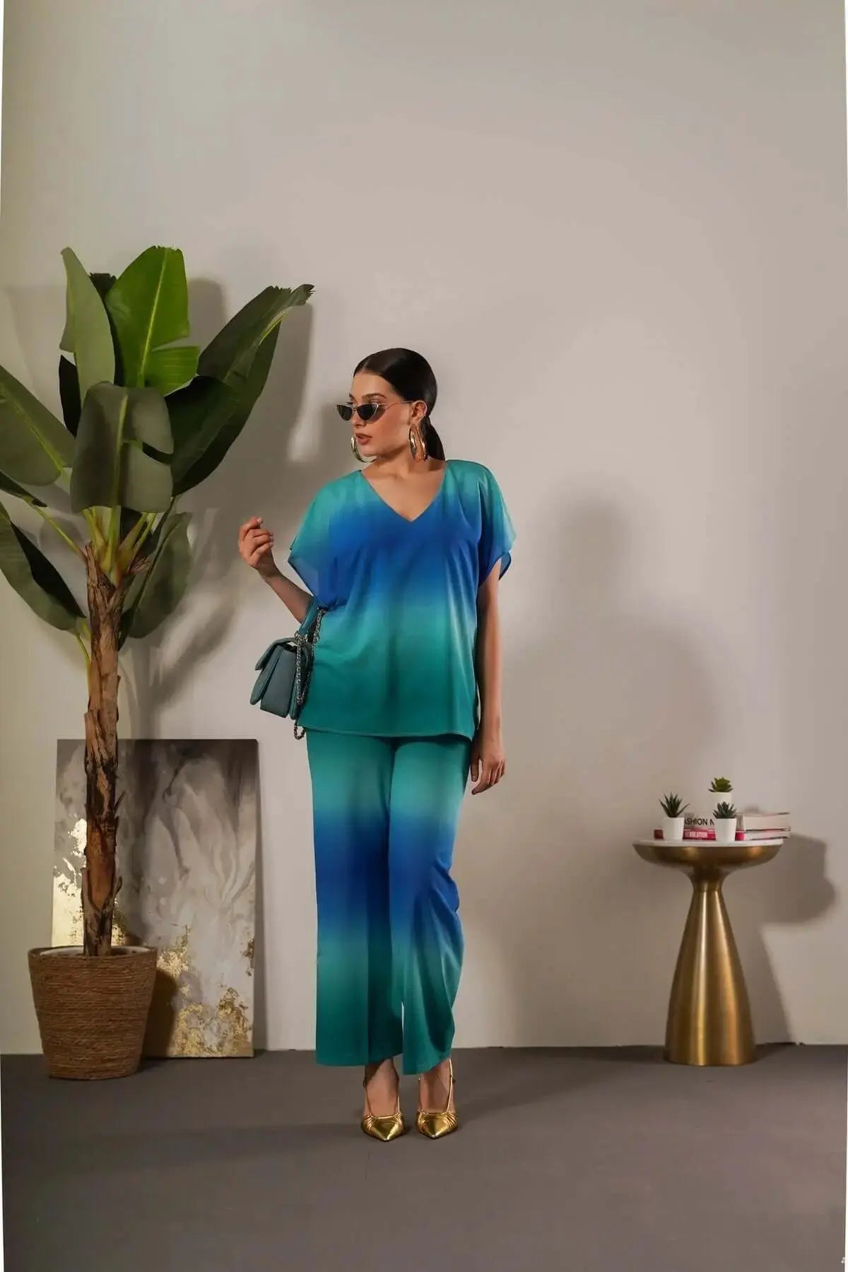 Completo effetto degradé con blusa e pantalone AZZURRO DORABELLA