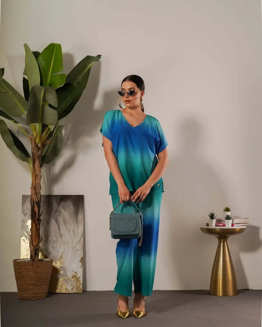 Completo effetto degradé con blusa e pantalone AZZURRO DORABELLA XXL