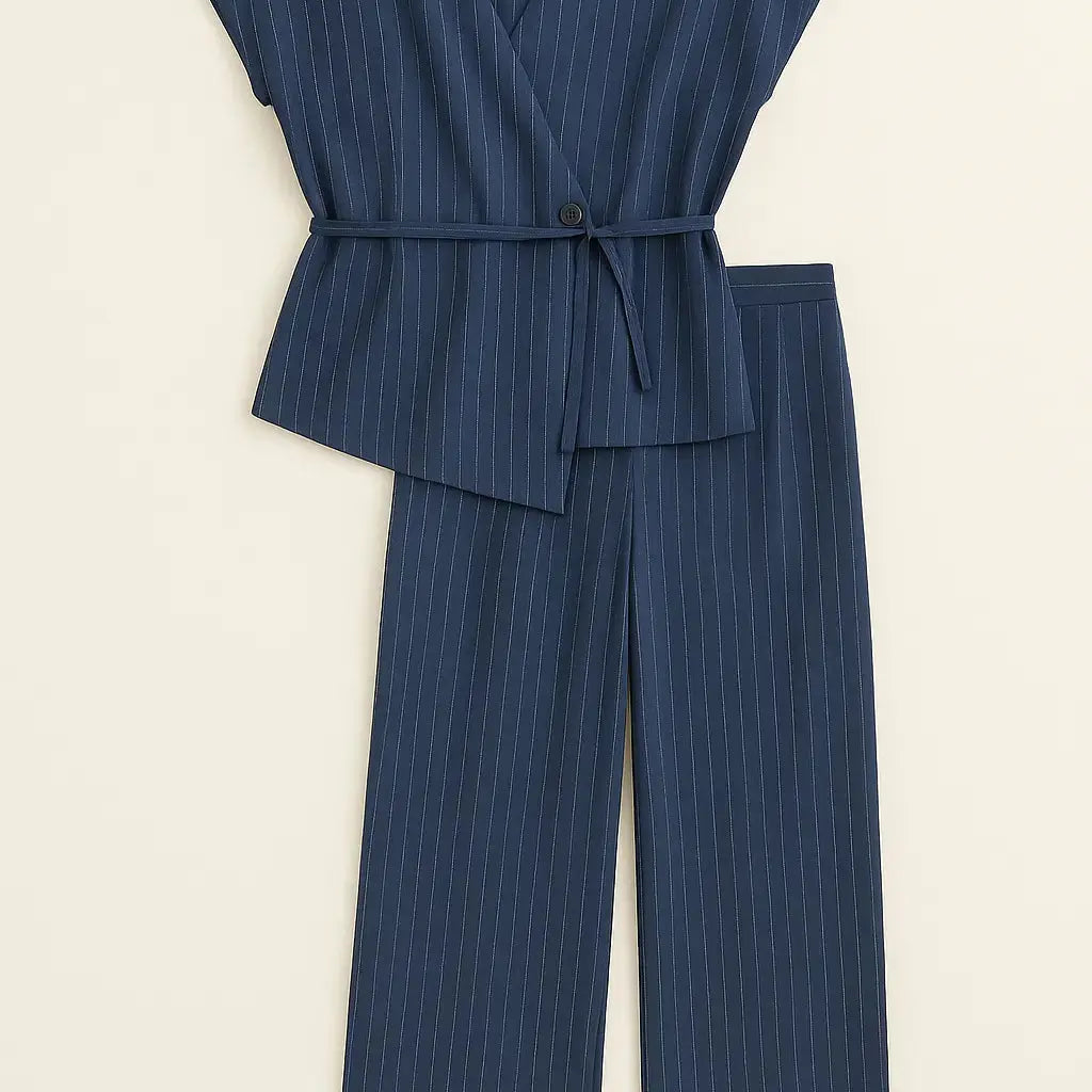 Completo gessato con gilet corto con  fusciacca e pantaloni wide leg Unica by Dorabella
