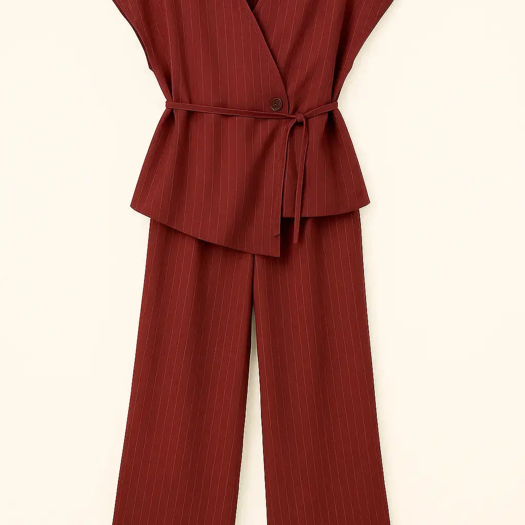Completo gessato con gilet corto con  fusciacca e pantaloni wide leg Unica by Dorabella Burgundy-Taglia-Unica-Fino-alla-46