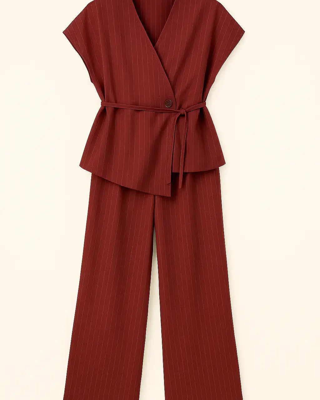 Completo gessato con gilet corto con  fusciacca e pantaloni wide leg Unica by Dorabella Burgundy-Taglia-Unica-Fino-alla-46