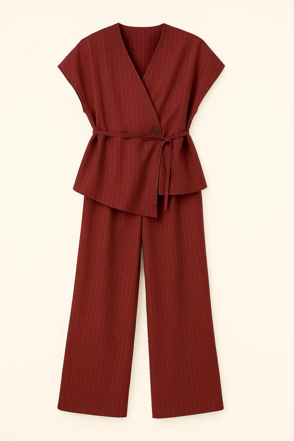 Completo gessato con gilet corto con  fusciacca e pantaloni wide leg Unica by Dorabella Burgundy-Taglia-Unica-Fino-alla-46