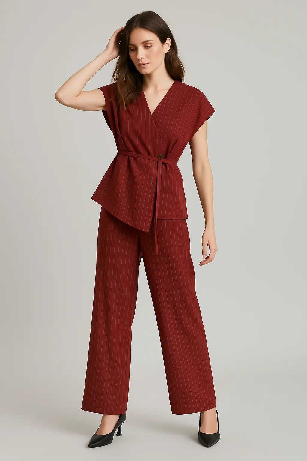 Completo gessato con gilet corto con fusciacca e pantaloni wide