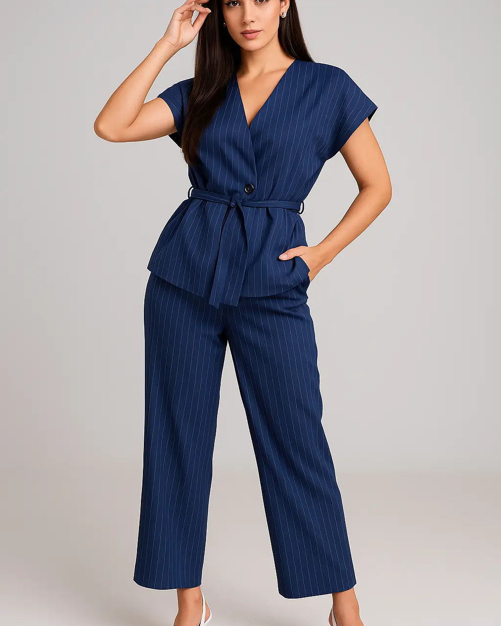 Completo gessato con gilet corto con  fusciacca e pantaloni wide leg Unica by Dorabella