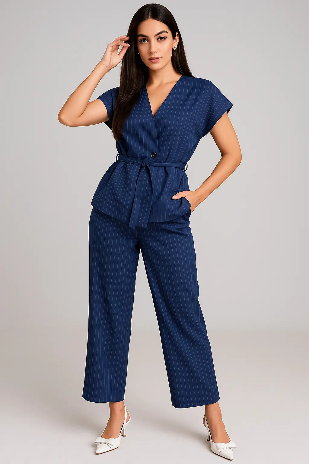 Completo gessato con gilet corto con  fusciacca e pantaloni wide leg Unica by Dorabella