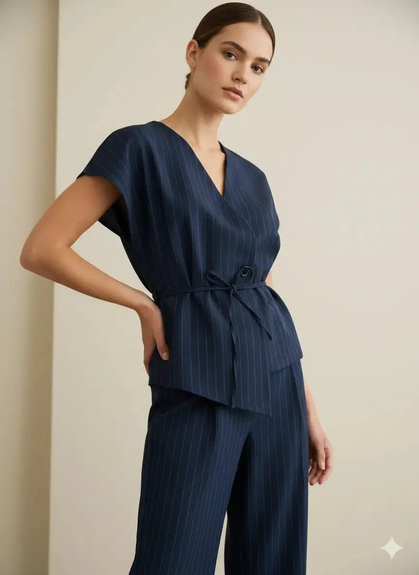 Completo gessato con gilet corto con  fusciacca e pantaloni wide leg Unica by Dorabella