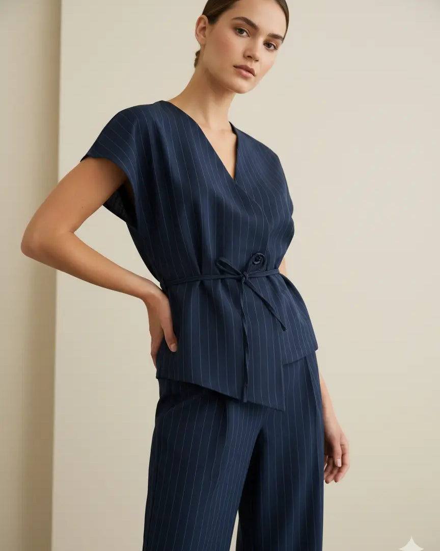 Completo gessato con gilet corto con  fusciacca e pantaloni wide leg Unica by Dorabella