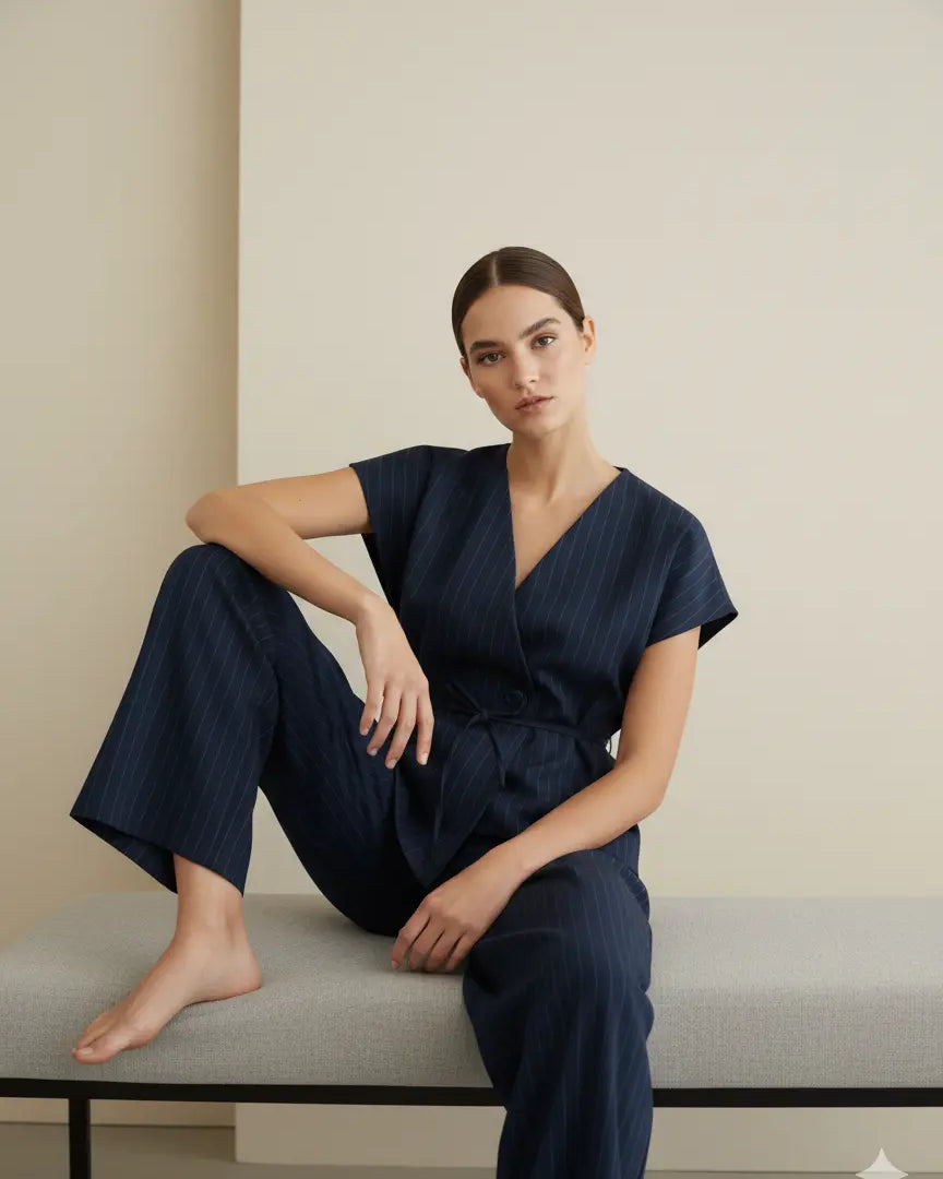 Completo gessato con gilet corto con  fusciacca e pantaloni wide leg Unica by Dorabella