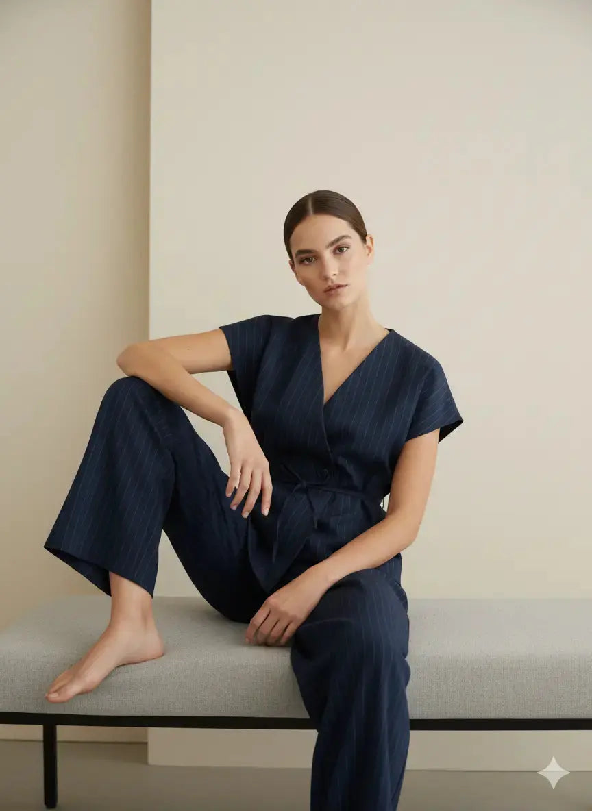 Completo gessato con gilet corto con  fusciacca e pantaloni wide leg Unica by Dorabella