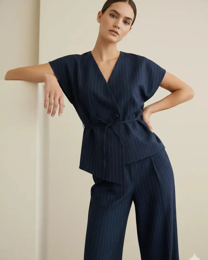 Completo gessato con gilet corto con  fusciacca e pantaloni wide leg Unica by Dorabella