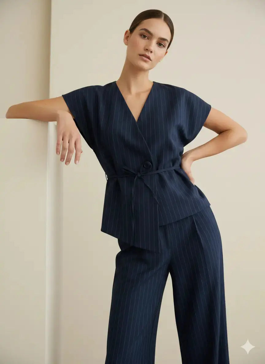 Completo gessato con gilet corto con  fusciacca e pantaloni wide leg Unica by Dorabella