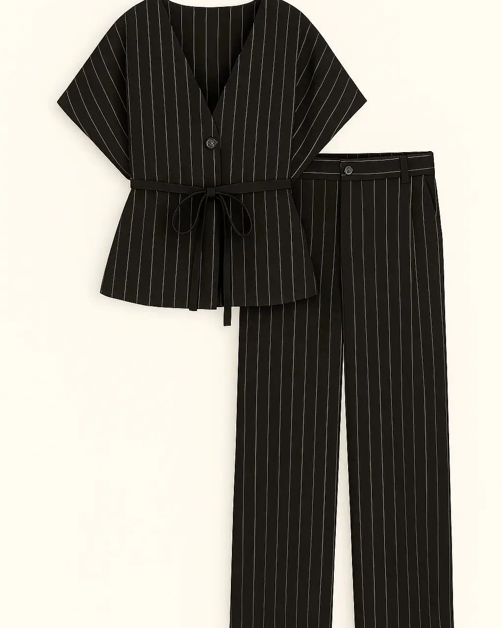 Completo gessato con gilet corto con  fusciacca e pantaloni wide leg Unica by Dorabella Nero-Taglia-Unica-Fino-alla-46