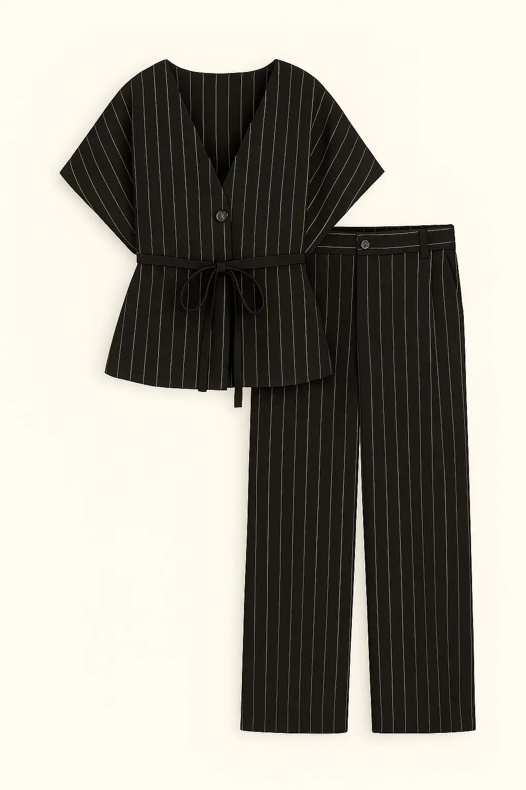 Completo gessato con gilet corto con  fusciacca e pantaloni wide leg Unica by Dorabella Nero-Taglia-Unica-Fino-alla-46