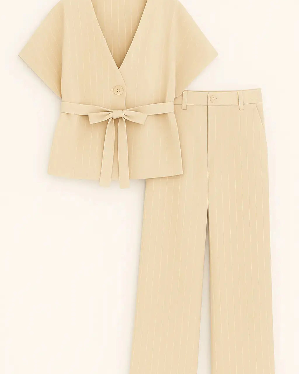 Completo gessato con gilet corto con  fusciacca e pantaloni wide leg Unica by Dorabella Beige-Taglia-Unica-Fino-alla-46