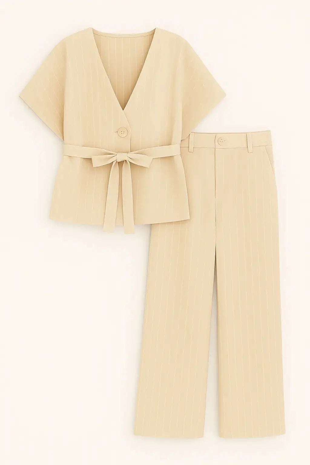 Completo gessato con gilet corto con  fusciacca e pantaloni wide leg Unica by Dorabella Beige-Taglia-Unica-Fino-alla-46