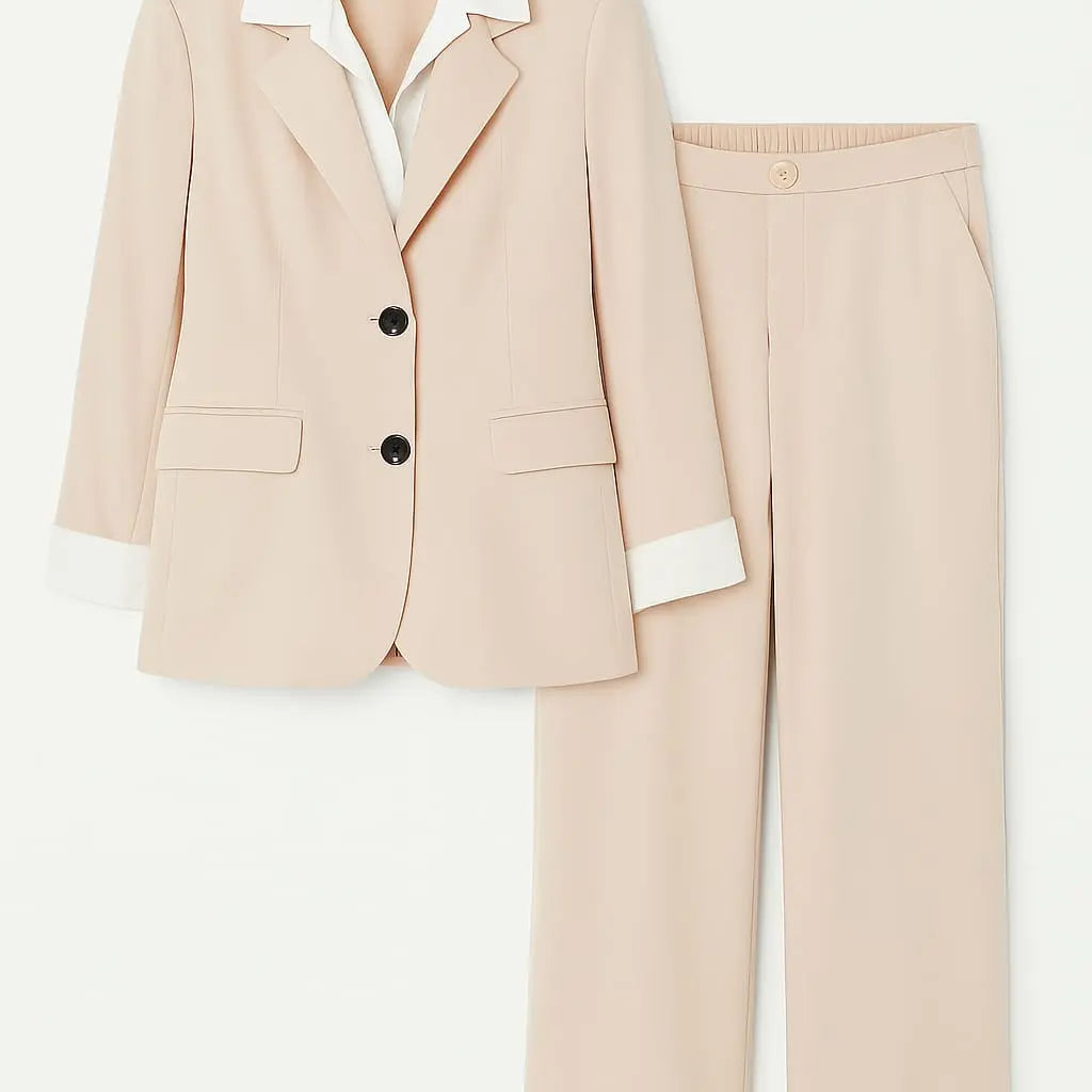 Completo giacca con camicia cucita bianca pantalone con bustino elastico Unica by Dorabella Beige-Taglia-Unica-Curvy-fino-alla-54