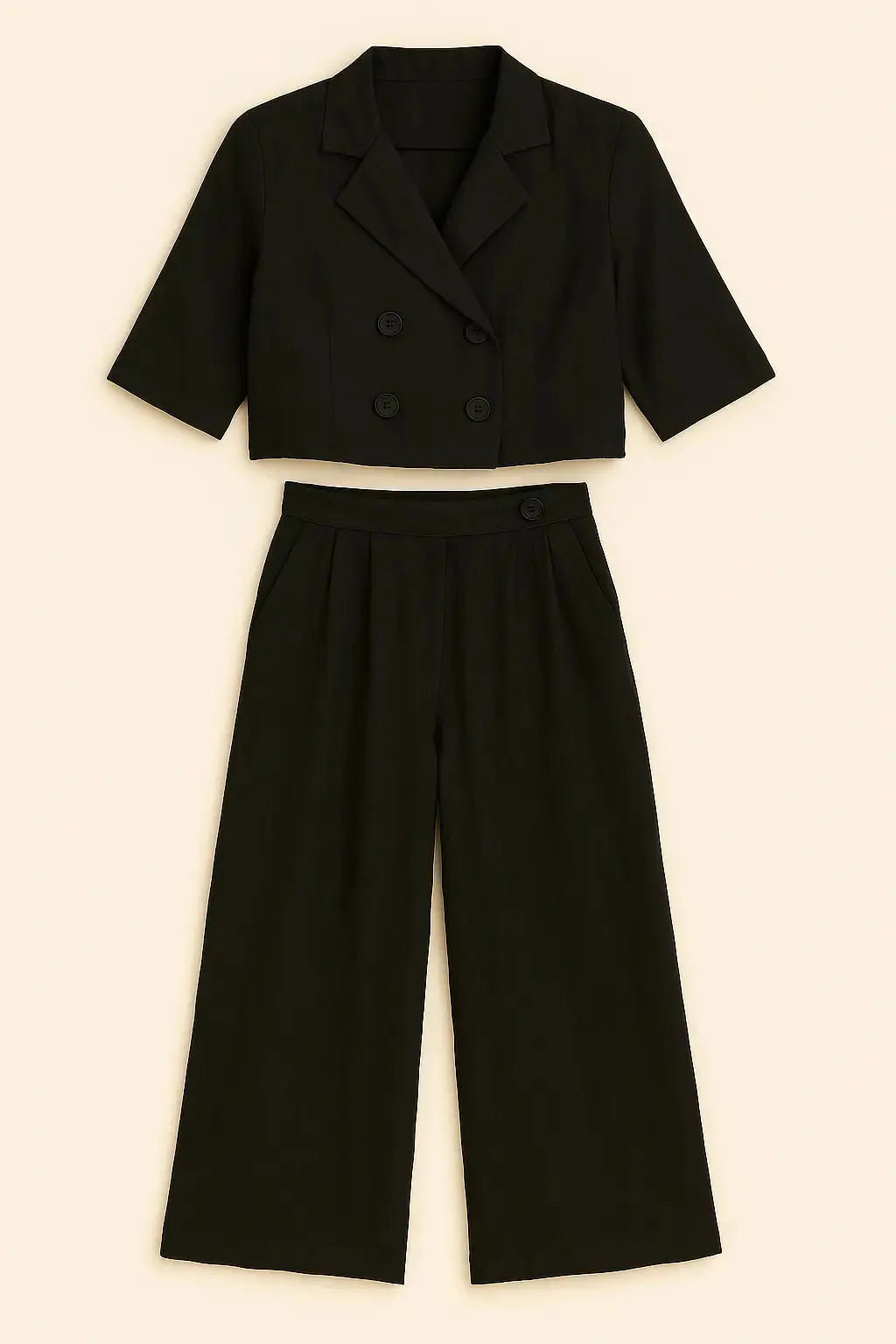 Completo giacca cropped a mezza manica e pantaloni ampi con doppia pinces Unica by Dorabella Nero-Taglia-unica-44-46-o-M-L